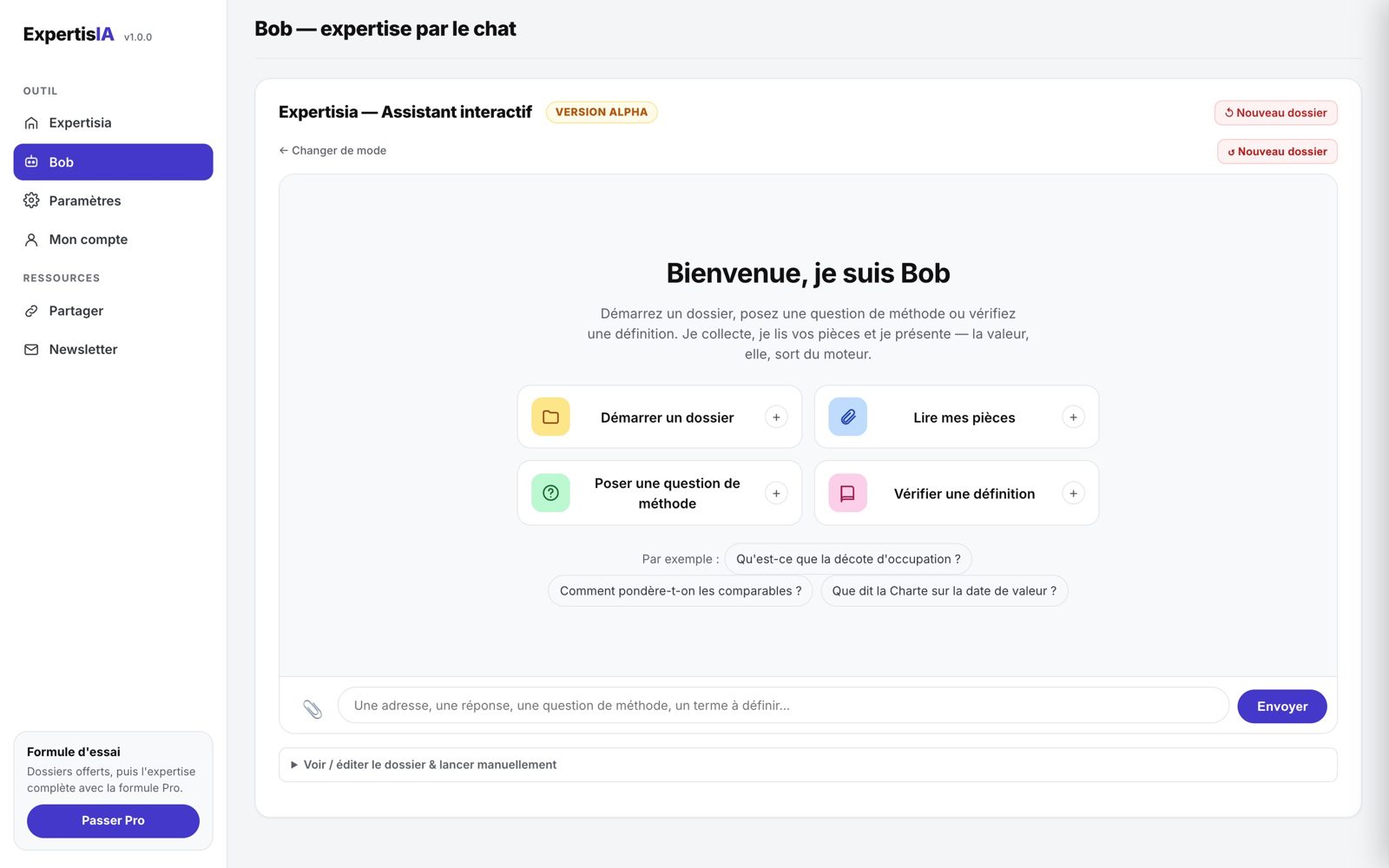 Bob — l'assistant qui démarre un dossier, lit les pièces et répond aux questions de méthode